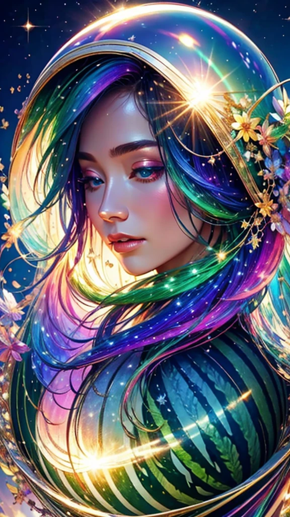 (Highest quality), (8K), (Highest quality), (live-action), (Realistic photos), Shining in rainbow colorswatermelon、summer、summerを感じる物、summerを感じる風景, watermelon、watermelon畑、blue sky, Rainbow and sunshine shining.16K, Ultra-high resolution, Shining in rainbow colors、to be born,wonderful ,future、Iridescent、The world 30 years from now。