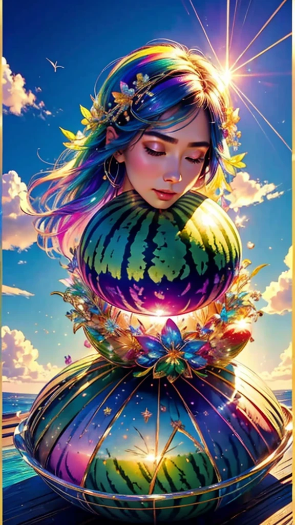 (Highest quality), (8K), (Highest quality), (live-action), (Realistic photos), Shining in rainbow colorswatermelon、summer、summerを感じる物、summerを感じる風景, watermelon、watermelon畑、blue sky, Rainbow and sunshine shining.16K, Ultra-high resolution, Shining in rainbow colors、to be born,wonderful ,future、Iridescent、The world 30 years from now。