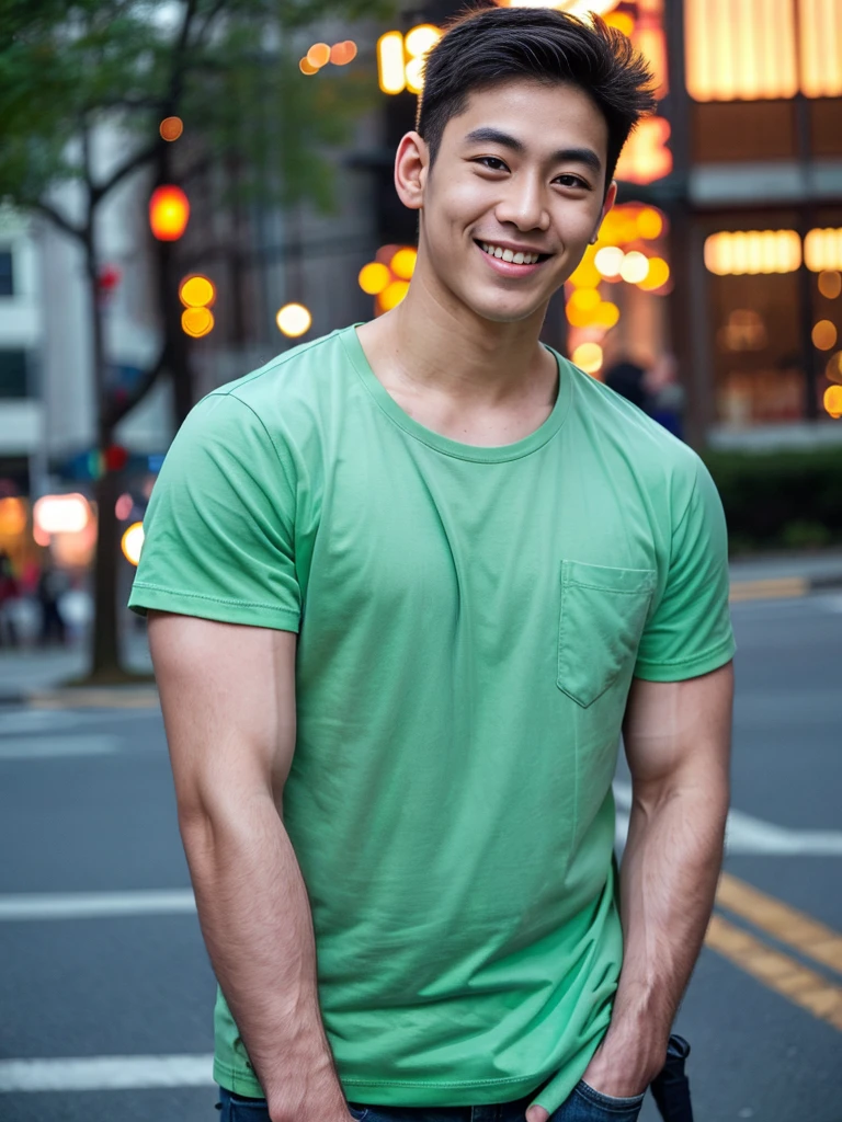 (best quality, 4K, 8K, high resolution, Masterpiece: 1.2), Special details, (realistically, As realistic as a photo, photo realistic: 1.37), Edge lighting, Extra detailed coloring, sharp focus, Physical rendering ,Extremely detailed description,professional,light color,Bokeh,Portrait,look at the viewer,
Young Asian man, 20 years old ,(wearing a green t-shirt), smile