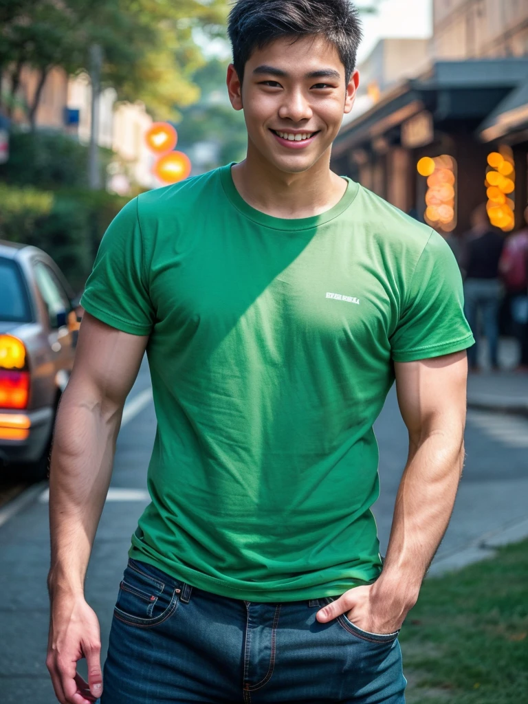 (best quality, 4K, 8K, high resolution, Masterpiece: 1.2), Special details, (realistically, As realistic as a photo, photo realistic: 1.37), Edge lighting, Extra detailed coloring, sharp focus, Physical rendering ,Extremely detailed description,professional,light color,Bokeh,Portrait,look at the viewer,
Young Asian man, 20 years old ,(wearing a green t-shirt), smile