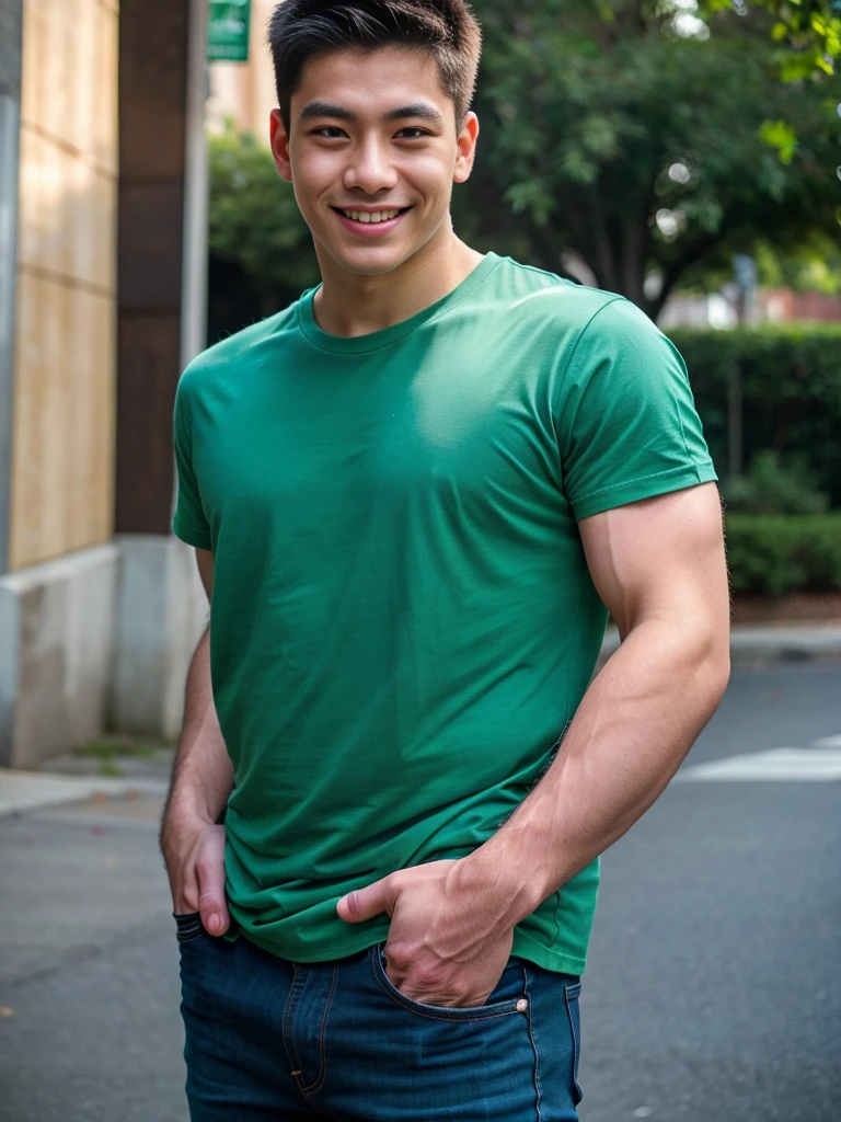(best quality, 4K, 8K, high resolution, Masterpiece: 1.2), Special details, (realistically, As realistic as a photo, photo realistic: 1.37), Edge lighting, Extra detailed coloring, sharp focus, Physical rendering ,Extremely detailed description,professional,light color,Bokeh,Portrait,look at the viewer,
Young Asian man, 20 years old ,(wearing a green t-shirt), smile