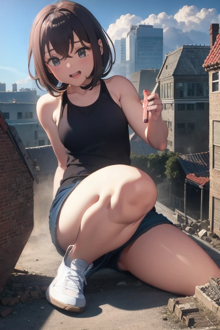 masterpiece、Highest quality、Giantess、Giantessのイラスト、smile、Open mouth and show teeth、beautiful身体、beautiful、Anime illustration、A small building being destroyed underfoot、Tank top、Shorts、Low - Angle、walk、Looming、I can see my feet、Draw a woman in a big way、Giantess、Hands on hips、giantess、Destroyed small town、Destroyed small building district、Smoke is rising、The fugitive々、Destructive illustration