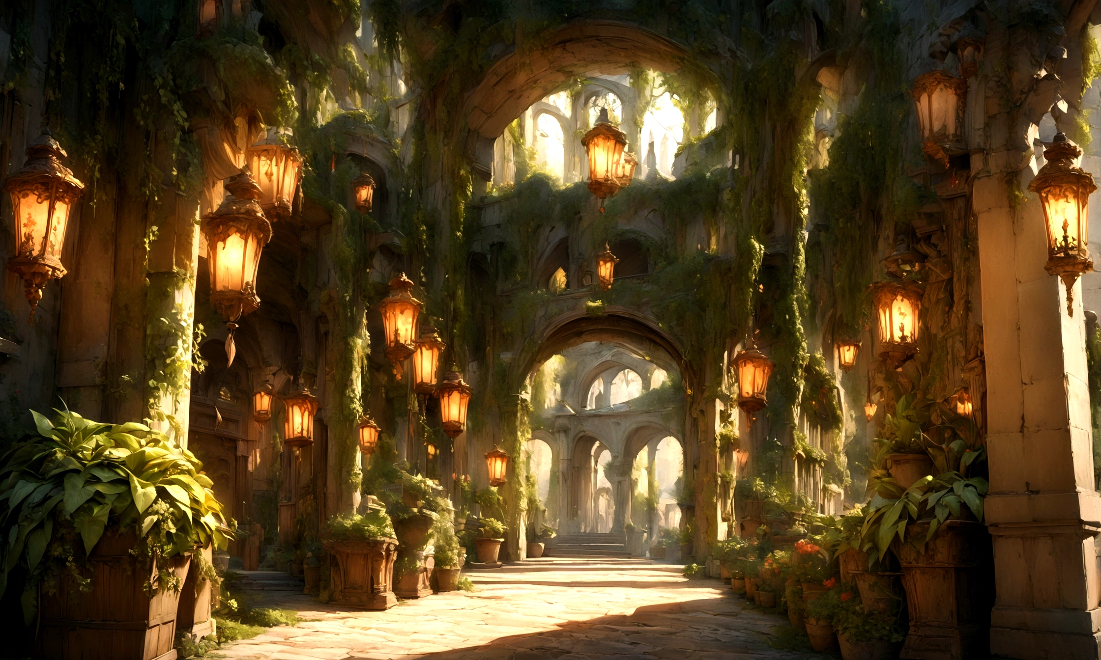 (masterpiece, Highest quality, Very detailed, complicated), Lots of green plants and trees on both sides々There is、Garden walkway with lanterns hanging from the ceiling。, Florence Engelbach, Tone Mapping, Flemish Baroque, German Romanticism, Structure of the film, Beautiful lighting