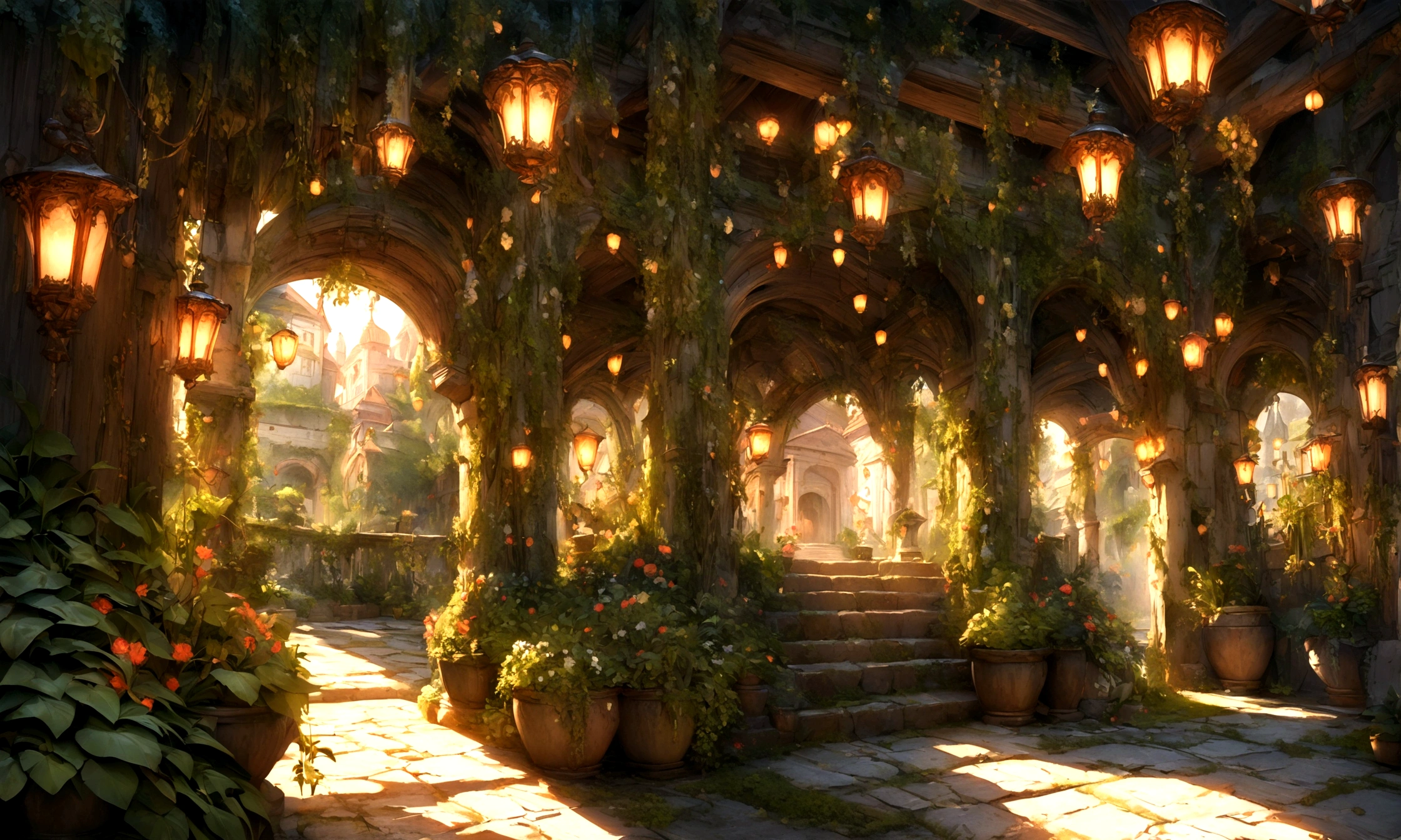 (masterpiece, Highest quality, Very detailed, complicated), Lots of green plants and trees on both sides々There is、Garden walkway with lanterns hanging from the ceiling。, Florence Engelbach, Tone Mapping, Flemish Baroque, German Romanticism, Structure of the film, Beautiful lighting