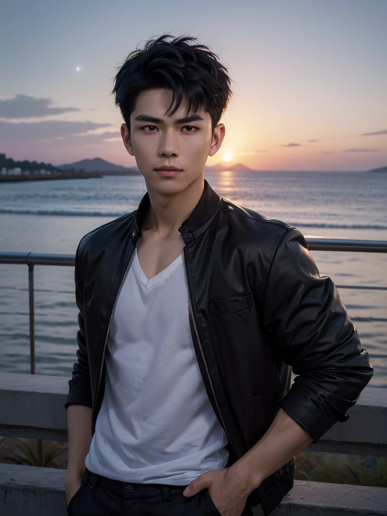 (photorealistic, masterpiece, 8K, HD, portrait, closing up on face, intricate details, soft lighting, absurdres), a handsome young vietnamese man, soldier, 25 years old, strong, brave, determined, confident, manly, intimidating, mischievous, hot, attractive, smirking, detailed face, brown eyes, detailed eyes, sharp eyes, looking at viewer, wearing a jacket with rolled up sleeves over a shirt, casual wear, tanned skin, fit, black hair, short hair, spiky hair, outdoors, pier, dawn, stars, constellation, cosmical, dreamy world, surrealism, ethereal