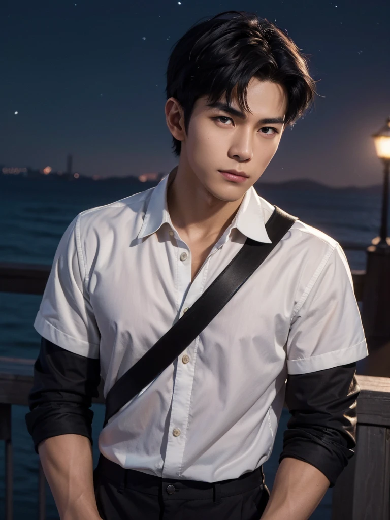 (photorealistic, masterpiece, 8K, HD, portrait, closing up on face, intricate details, soft lighting, absurdres), a handsome young vietnamese man, soldier, 25 years old, strong, brave, determined, confident, manly, intimidating, mischievous, hot, attractive, smirking, detailed face, brown eyes, detailed eyes, sharp eyes, looking at viewer, wearing a jacket with rolled up sleeves over a shirt, casual wear, tanned skin, fit, black hair, short hair, spiky hair, outdoors, pier, dawn, stars, constellation, cosmical, dreamy world, surrealism, ethereal