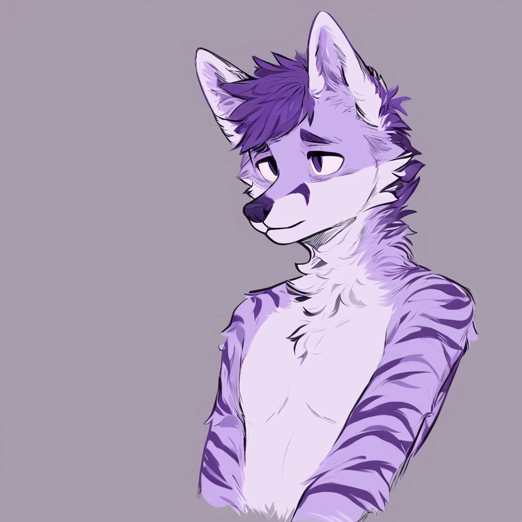 adult, feline, mammal, anthro, anthropomorphic, fox, striped, fur, striped_feline, fur, male, light_purple, purple_hair, fluffy, dark_purple, purple_chest, shy, small_pupils, digital_art, high_resolution, high_res, hand-drawn, pencil_lines, head_visible, background, neck_visible, seductive_face, detailed_line_work, profile_picture, head_visible,