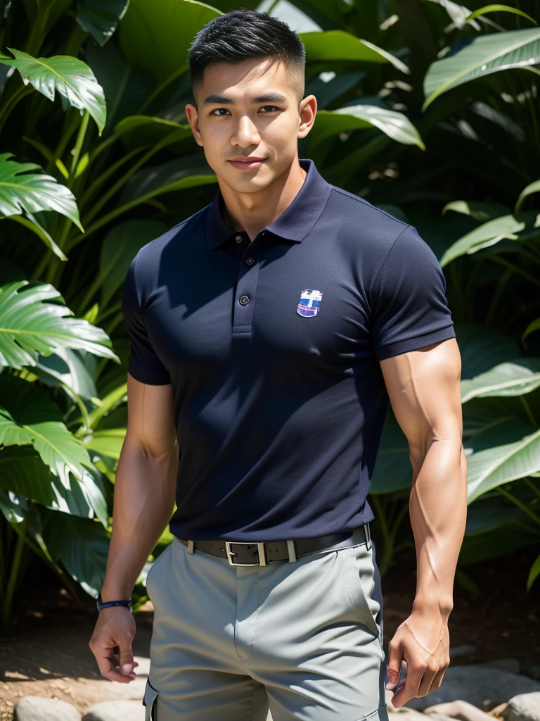 (Create a masterpiece: 1.2),(CGI art:1.3),(realistic:1.5),(After processing:1.3),(Sharp focus:1.3),10,1 man, smile, (Wear a dark gray polo shirt.), Navy cargo pants, Korean guy , korean men, (High gloss details), chest muscles, large arm muscles, blood vessel, Big muscles, Broad shoulders, looking at the audience, Balancing the eyes, rice field