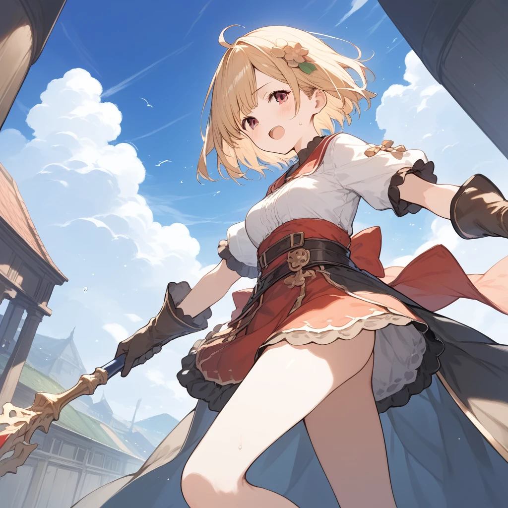 score_9, score_8_up, score_7_up, source_anime, best quality, masterpiece, official art, absurdres, highres, ultra-detailed,waifu2x,Collection: Slice of Life,break,djeeta \(granblue fantasy\),short hair, blonde hair, gloves, brown eyes, medium breasts, sweat, open mouth, sleepily, outdoors, wind,break,(clear line illustration:1.2), super detailed skin,very high resolution, very aesthetic, Best sexual lighting powered by famous artist, 8k,cute picture,beauty illustration,photoshop_(medium),,(Detailed Lighting),best anime 8k konachan wallpaper, pixiv contest winner,