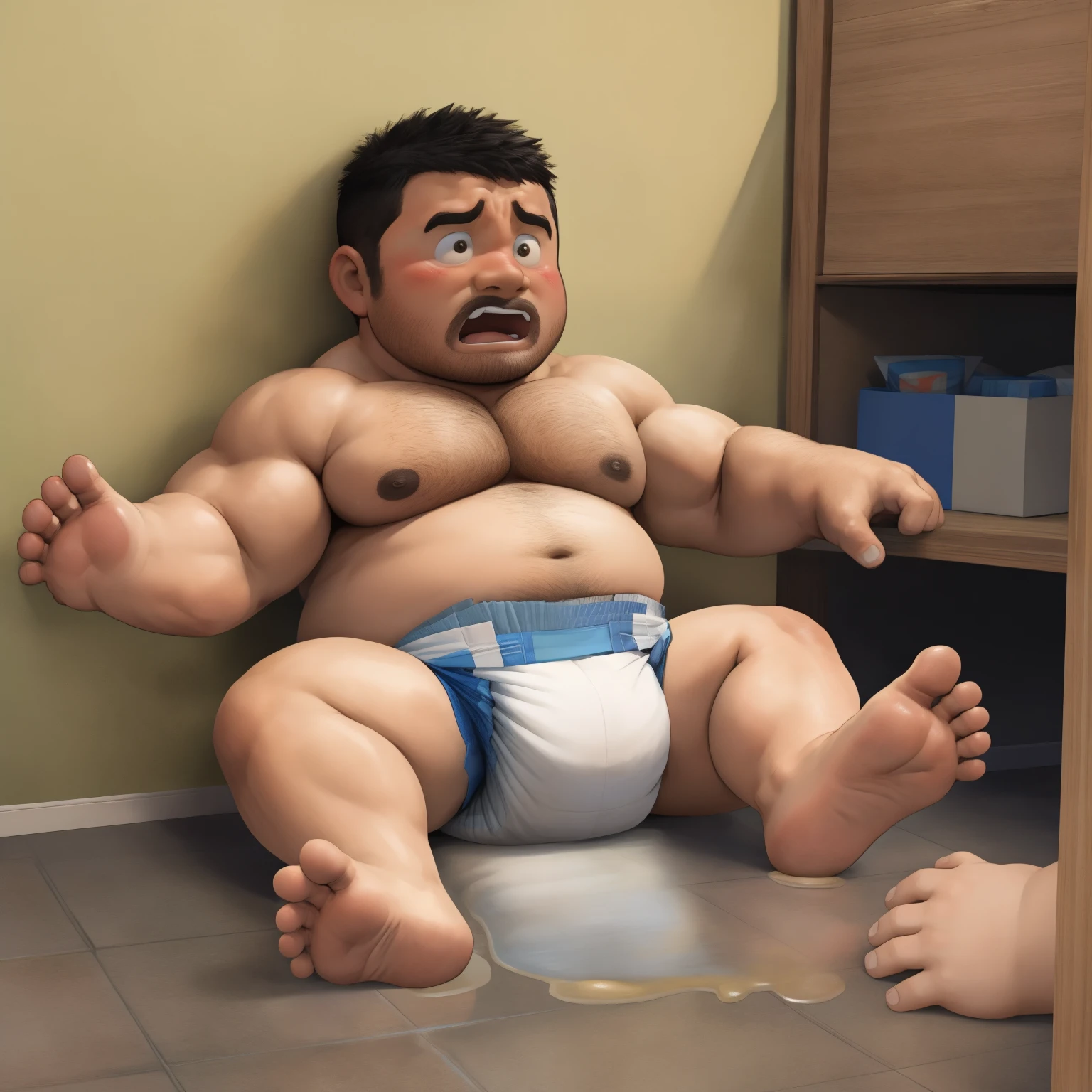 masterpiece, Top quality, in 32K, perfect anatomy, hyper detailed, super fine illustration, The thick man is a brutal prisoner, retarded, hairy, human, 50yo in japan, (fatness: 1.0), Fatty muscle, Bowleg, disappointment, incontinent, be diaper check by children, There is a small puddle under him, Naked, short legs, Bowleg, spread legs, wear a White cloth Diaper, Bare belly, Bare legs, Bare foots, Bare soles, Shirtless, wide forehead and short thinning hair, Man with round  face with stubble, Bare foots, Bare soles, shy, sissy, Weaker than children, Drool, Round face, He enters nursery school and is despised by children, He is made to stand attention in the corner of the playroom, corner time, He surrounded by children, Bare foots, big butt, White Diaper, sobbing, There is a small puddle under him