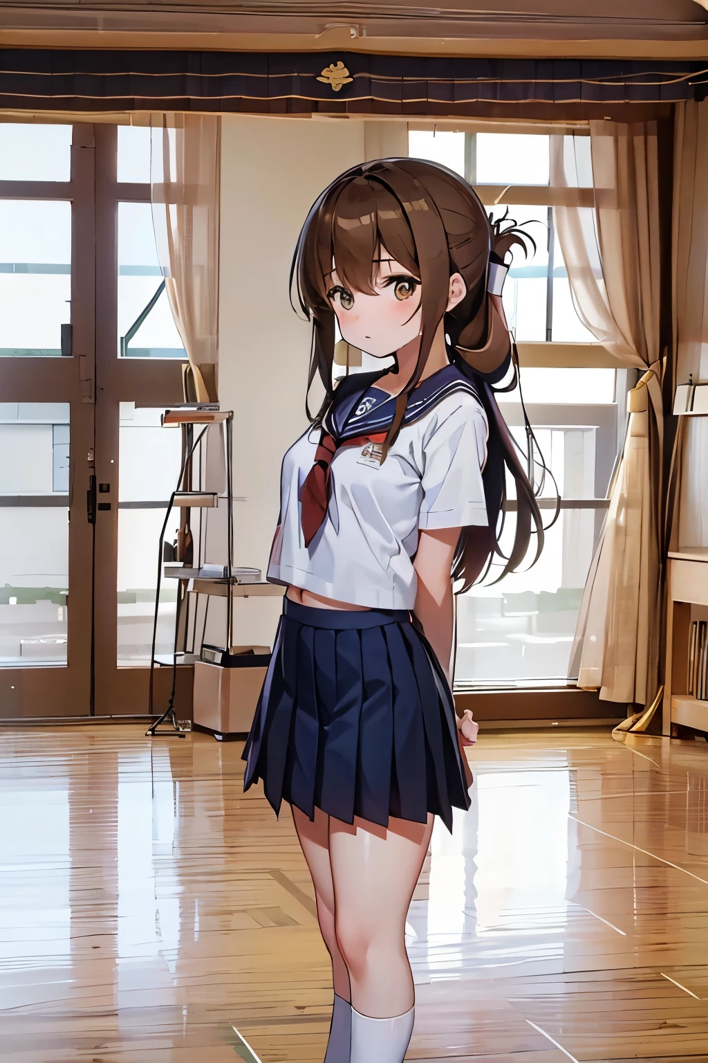 (masterpiece, best quality:1.2),illustration,8k,hd,1girl,solo,upper body,(portrait:1.2),brown_hair,folded_ponytail,brown_eyes,serafuku,long_hair,school_uniform,skirt,pleated_skirt,