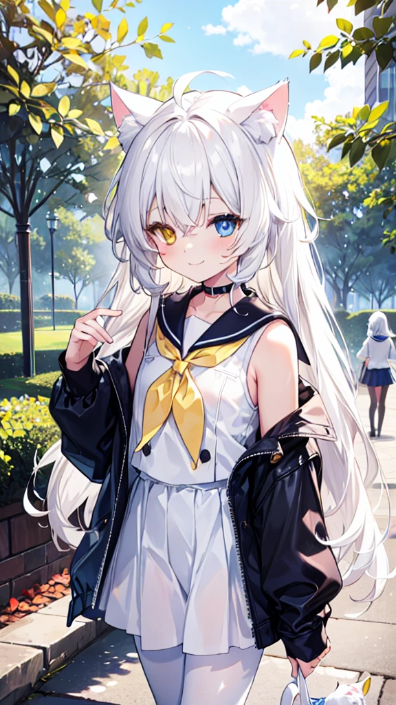 White hair，Cat ear，Long hair，Heterochromia(Left blue right yellow)，Smile，There are bright spots in the eyes，flat chest，Sailor Suit，White skirt，White pantyhose，in the park，Alone