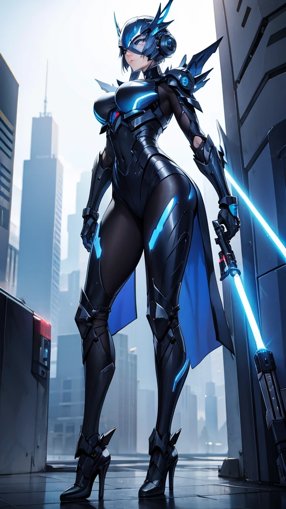 Large Armored Girl，helmet，blue eyes mask，silver armot，Cybernetic wing Mechanical wing，high heels，Lightsaber，Standing，frontal pose，Cyberpunk city