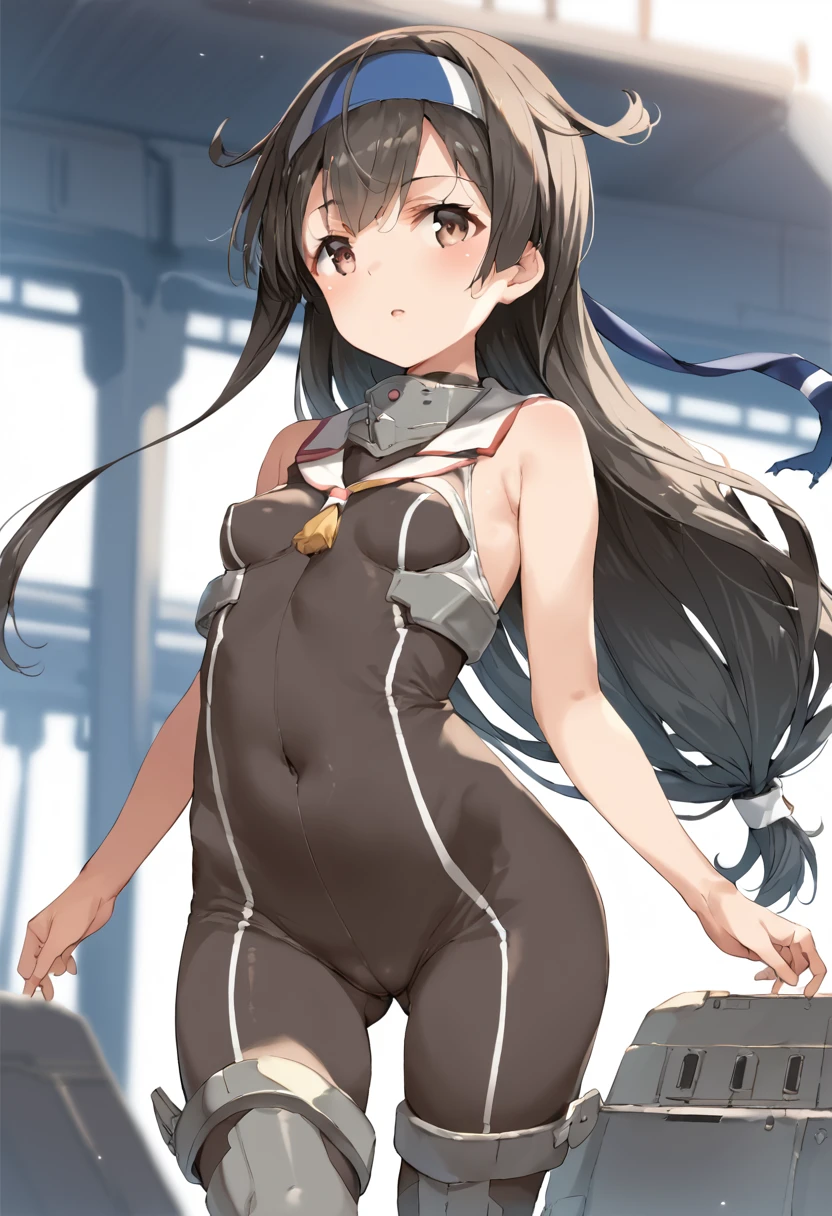 score_9, score_8_up, score_7_up, source_anime, Idealized Forms, Natural Light, details background, blurry background, extremely detailed,cartoons girl are standing wearing a futuristic outfit, 1girl,breasts,ass visible through thighs,bodysuit,covered navel,,hatsushimo(kancolle),brown eyes,(left(white)right(blue))headband,(black)long hair,(low-tied)hair,(black)hair,small breasts,(petite),手に刀を持つ