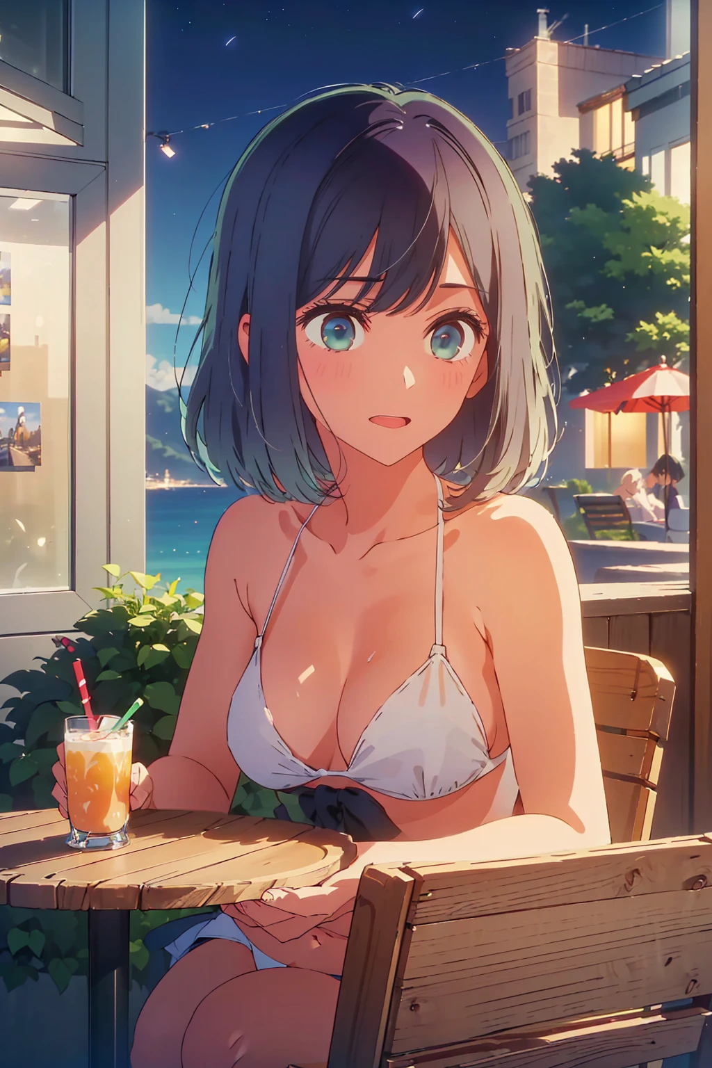 (Highest quality:1.4、masterpiece:1.4、Super detailed:1.4、8K:1.4)、((((1 person、Surprised expression、sit、Outdoor café terrace、coastal、juice、table、Sandy Beach、juiceのグラスを持つ、Plain Bikini、Very soft boobs、Big eyes、Very cute face))))、(moonlight:1.4、at night:1.4)、F cup bust、Medium breast