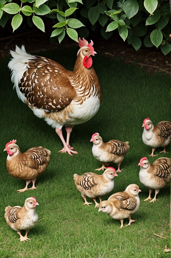 Create an image of a hen with 20 chicks 
