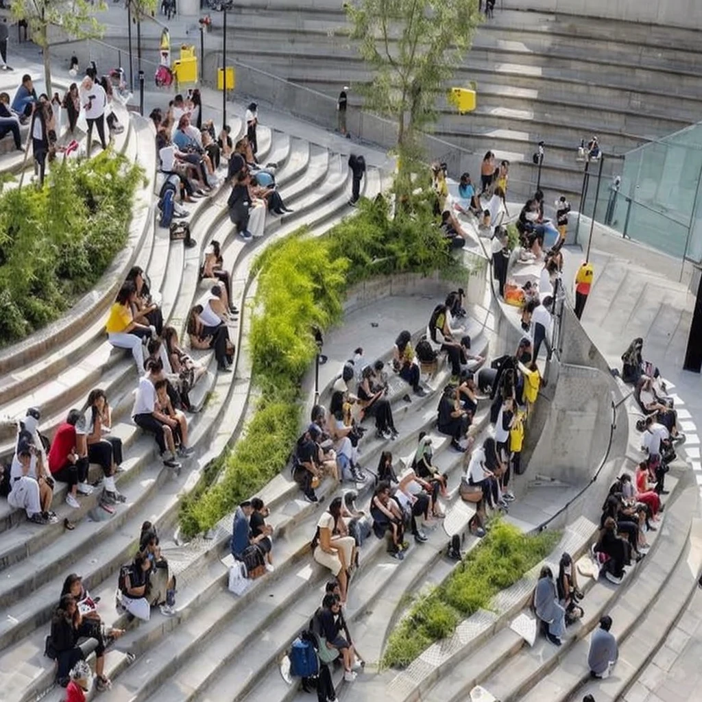 People sitting on the steps of a building with many stairs, Some people sit, Public places, people watching around, very attractive, very busy place, A lot of people, People eating outside, Hot photo, ❤🔥🍄🌪, Hot ,, sit on the floor, university student, afternoon hangout, Photo taken in 2 0 2 0, Hot artwork