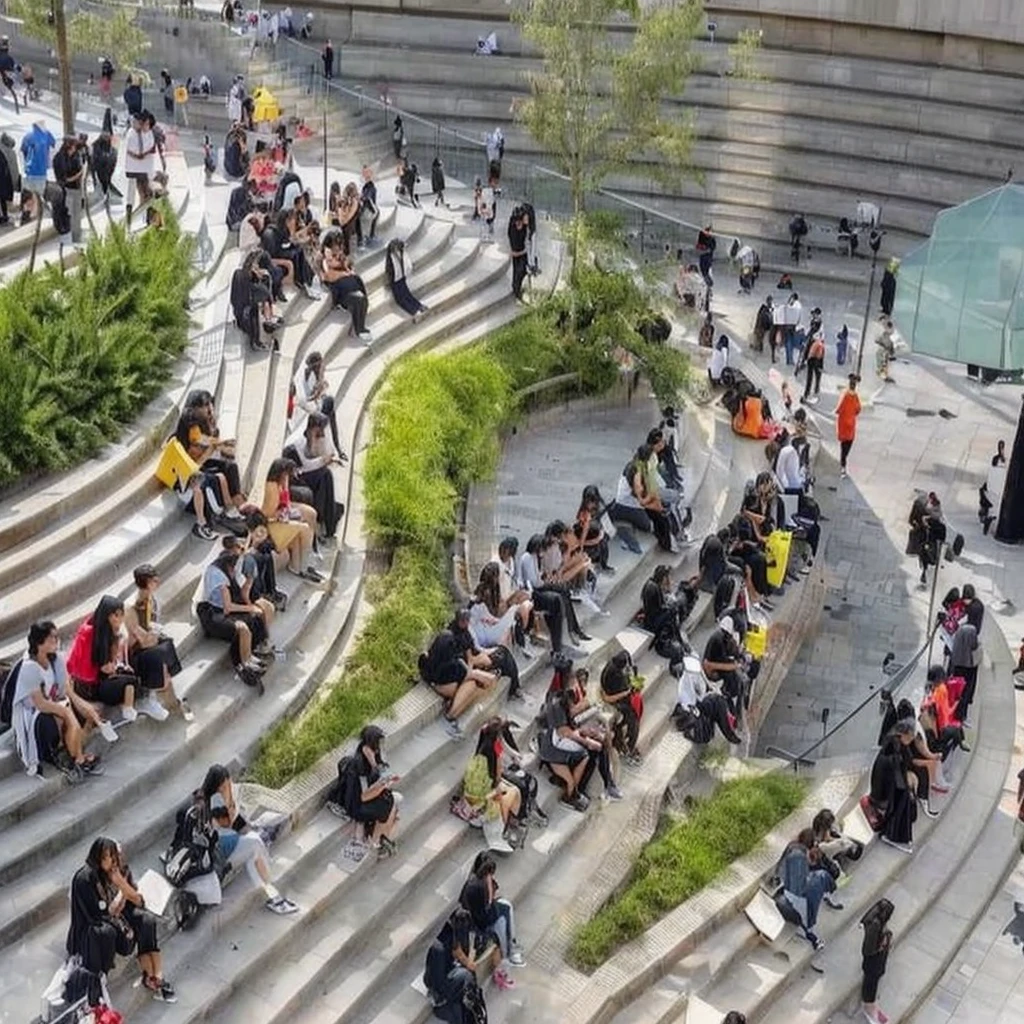 People sitting on the steps of a building with many stairs, Some people sit, Public places, people watching around, very attractive, very busy place, A lot of people, People eating outside, Hot photo, ❤🔥🍄🌪, Hot ，, sit on the floor, university student, afternoon hangout, Photo taken in 2 0 2 0, Hot artwork