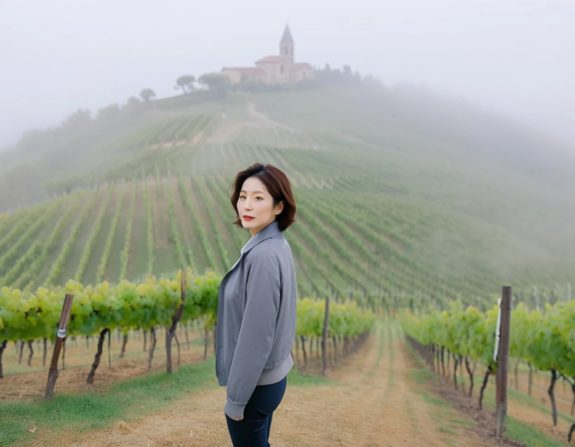 8k best picture quality, Beautiful 36-year-old Korean woman, short and nice weather. Chest size 34 inches, Dense fog at dawn in the Italian countryside, past the vineyard, The cathedral is visible in the fog in the distance., The back background is realistic and vivid quality., Short and medium hair blowing in the wind,Wear comfortable clothes for traveling, a faint smile. the background is clear, Short and slim Korean woman, stand far away, Photo taken with a wide-angle lens, Taken from a hill overlooking a misty vineyard
