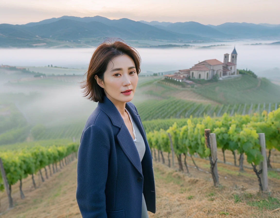 8k best picture quality, Beautiful 36-year-old Korean woman, short and nice weather. Chest size 34 inches, Dense fog at dawn in the Italian countryside, past the vineyard, The cathedral is visible in the fog in the distance., The back background is realistic and vivid quality., Short and medium hair blowing in the wind,Wear comfortable clothes for traveling, a faint smile. the background is clear, Short and slim Korean woman, stand far away, Photo taken with a wide-angle lens, Taken from a hill overlooking a misty vineyard