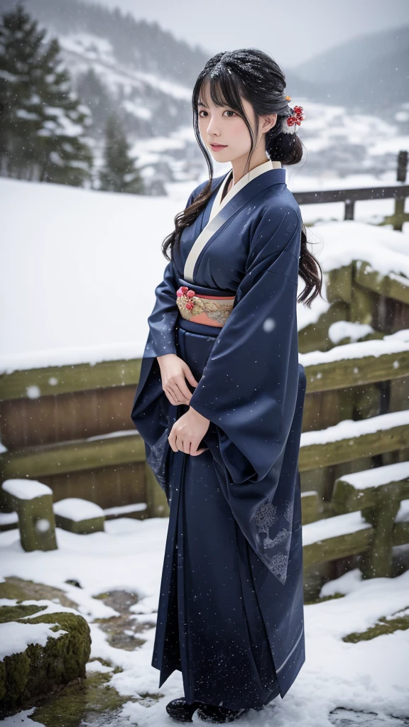 "A beautiful and seductive Japanese woman in her twenties、Standing in a snowy mountain landscape。Her face has narrow eyes and a dark expression.。Her face looks a little young。Wearing traditional Japan kimono、The neckline is open like a dress with emphasis on the chest.。No underwear is worn under the kimono。The lower half of the kimono has a slit、Her long legs are exposed from her thighs onwards.。Snow is falling quietly all around。The scene is quiet and mysterious。"