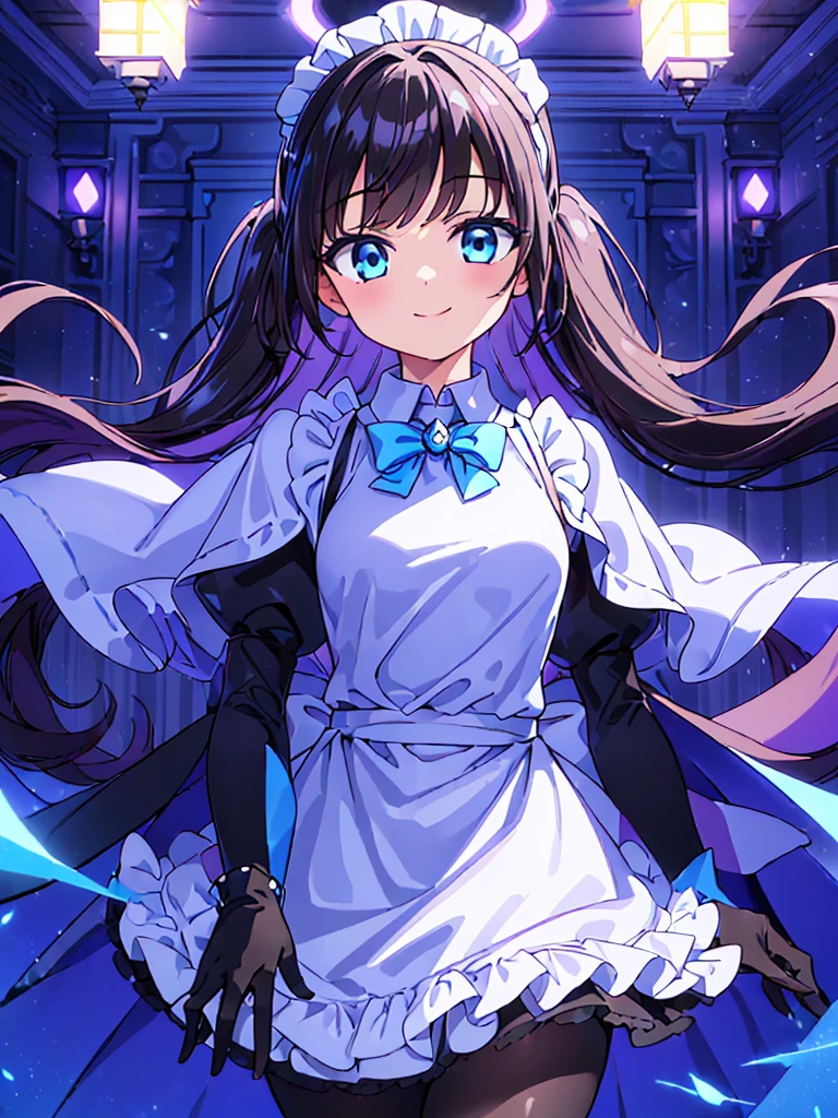 ((masterpiece, highest quality, ultra_high_detaile)), ((beautiful)), (beautiful detailed girl:1.4), ((4k cg)), (illustration), ((solo)), ((1girl)), (full body), ((slim body)), ((small_breasts)), ((aristocratic style)), (black hair), (swept bangs:1.4), (two side up), (long twintails), ((blue eye)), ((blue brooch)), BREAK ((Headdress)), (maid:1.4), (long sleeve maid clothes:1.4), ((apron_dress)), (Knee-length skirt:1.4), (light purple cape:1.4), (long cape:1.4), ((elbow_gloves)), ((brown pantyhose)), BREAK ((light blue boots)), (dance_hall), (dancing), (smile),
