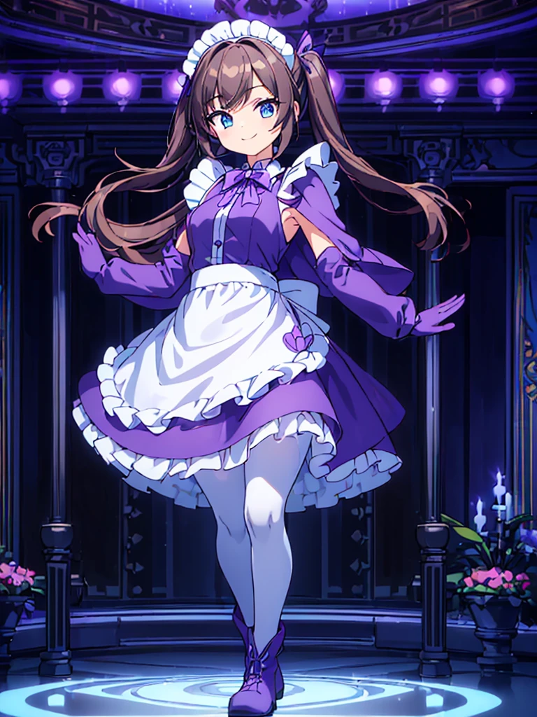 ((masterpiece, highest quality, ultra_high_detaile)), ((beautiful)), (beautiful detailed girl:1.4), ((4k cg)), (illustration), ((solo)), ((1girl)), (full body), ((slim body)), ((small_breasts)), ((aristocratic style)), (black hair), (swept bangs:1.4), (two side up), (long twintails), ((blue eye)), ((blue brooch)), BREAK ((Headdress)), (maid:1.4), (long sleeve maid clothes:1.4), ((apron_dress)), (Knee-length skirt:1.4), (light purple cape:1.4), (long cape:1.4), ((elbow_gloves)), ((brown pantyhose)), BREAK ((light blue boots)), (dance_hall), (dancing), (smile),