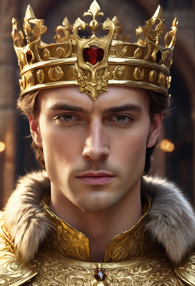 1 man, inside a golden medieval castle, wearing golden colored king's clothes and golden medieval details, detailed facial features, masculine eyes, detailed light skin, tidy reddish brown hair, strong and serious expression, dramatic lighting, cinematic composition, color warm and dark palette, atmospheric fog, handsome face, thin chin, handsome man, wearing golden crown on head (best quality, 4K, 8K, high resolution, art: 1.2), ultra-detailed, (realistic, photorealistic, photorealistic: 1.37)