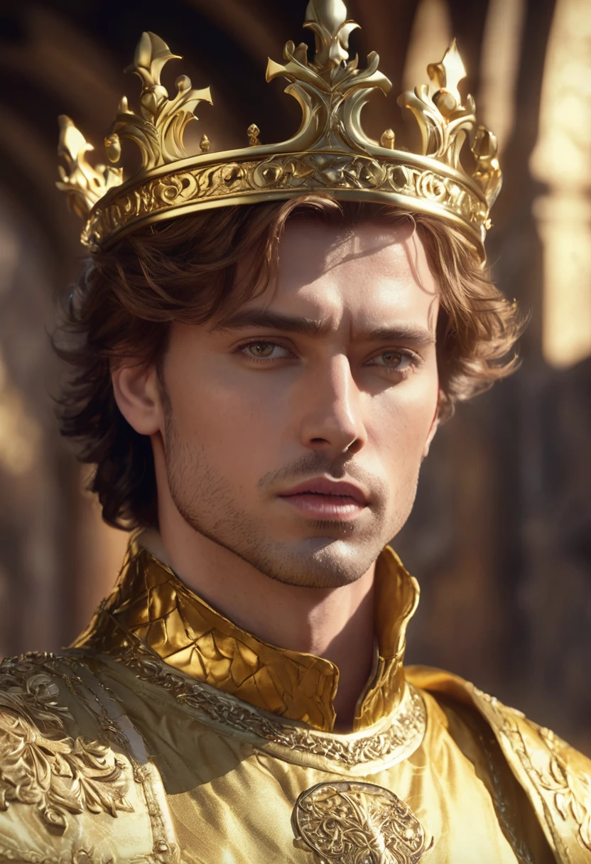 1 man, inside a golden medieval castle, wearing golden colored king's clothes and golden medieval details, detailed facial features, masculine eyes, detailed light skin, tidy reddish brown hair, strong and serious expression, dramatic lighting, cinematic composition, color warm and dark palette, atmospheric fog, handsome face, thin chin, handsome man, wearing golden crown on head (best quality, 4K, 8K, high resolution, art: 1.2), ultra-detailed, (realistic, photorealistic, photorealistic: 1.37)