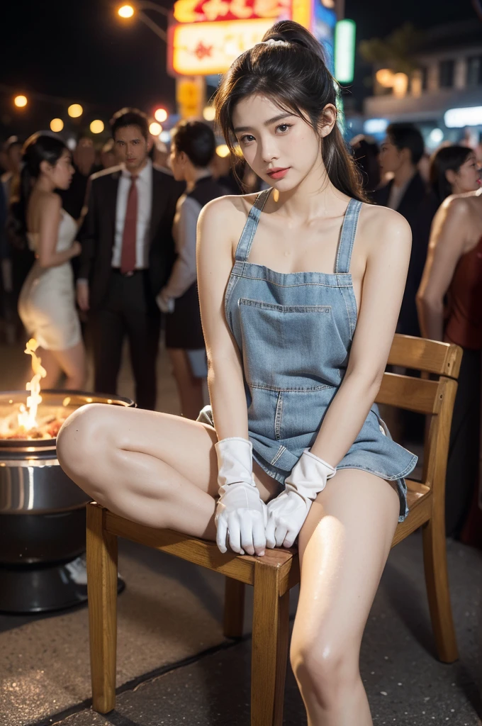 (((best quality))),(((ultra detailed))),(((masterpiece))),illustration,((1 beautiful girl,solo)),((slim,thin)),((small breasts,flat chest)),summer night,metropolis,((barbecue joint)),humble,vibrant energy,city that never sleeps,(short ponytail:1.2),(((female orgasmic,blush))),(sweat:1.3),(shiny skin:1.5),(sheer apron:1.3),((bare shoulders,bare arms)),(gloves:1.3),((slender legs,sneakers)),(sitting on the chair:1.3),((arms behind back,spread legs apart)),lightweight,practicality,((sizzling hot grill)),smooth,tanned skin,soft glow,skillfully,((skewers,meat)),intense concentration,bright eyes,alert,passion for work,atmosphere,vibrant,dynamic,laughter,conversation,sizzle,crackle,aromatic scent,tinged,radiant smile,genuine enjoyment,easy manner,warm presence,community,dedication,beauty in simplicity,midst of bustling city streets,outdoor,midnight,((from front,full body)),(surrounded by crowded crowds:1.3)