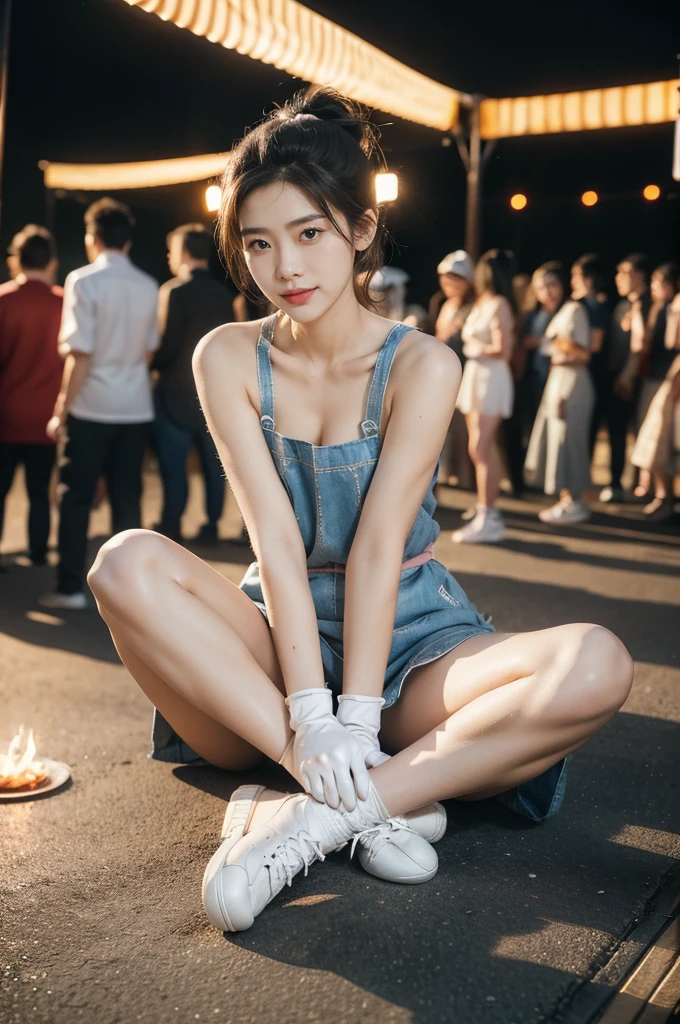 (((best quality))),(((ultra detailed))),(((masterpiece))),illustration,((1 beautiful girl,solo)),((slim,thin)),((small breasts,flat chest)),summer night,metropolis,((barbecue joint)),humble,vibrant energy,city that never sleeps,(short ponytail:1.2),(((female orgasmic,blush))),(sweat:1.3),(shiny skin:1.5),(sheer apron:1.3),((bare shoulders,bare arms)),(gloves:1.3),((slender legs,sneakers)),(sitting on the chair:1.3),((arms behind back,spread legs apart)),lightweight,practicality,((sizzling hot grill)),smooth,tanned skin,soft glow,skillfully,((skewers,meat)),intense concentration,bright eyes,alert,passion for work,atmosphere,vibrant,dynamic,laughter,conversation,sizzle,crackle,aromatic scent,tinged,radiant smile,genuine enjoyment,easy manner,warm presence,community,dedication,beauty in simplicity,midst of bustling city streets,outdoor,midnight,((from front,full body)),(surrounded by crowded crowds:1.3)