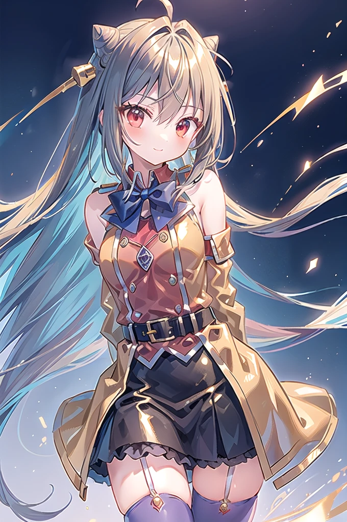 1girl,solo,cowboy shot,standing,(black blue hair:1.4),long hair,cone hair bun,hair ornament,hair intakes, ahoge, bangs,(red eyes:1.3),(beautiful fingers:1.4),(perfect anatomy:1.4),(arms_behind_back:1.6),(cold_shoulder:1.2),BREAK,(gold cyber ​​suit:1.6),(gold jacket:1.1),(gold pencil mini skirt:1.2),(leather lace glossy silk lamé:1.4),(latex luster shiny glossy:1.6),(shiny_clothes:1.6),medium breasts,beautiful breasts,masterpiece,best quality,(Ultra high definition eyes:1.2),8k,(Beautiful detailed eyes:1.2),(Fine and beautiful eyes:1.2),(pretty eyes:1.2),finely detail,extremely CG, absurdres,high resolution,illustration,Detailed and beautiful outlines,finely detail,high resolution,(colorful refraction:1.4,Increase saturation:1.2),beautiful lighting,dynamic lighting,closed room,black background,simple background, smile,looking at viewer,BREAK, blue bowtie, red coat, long sleeves, belt, garter straps,(gold thighhighs:1.4)