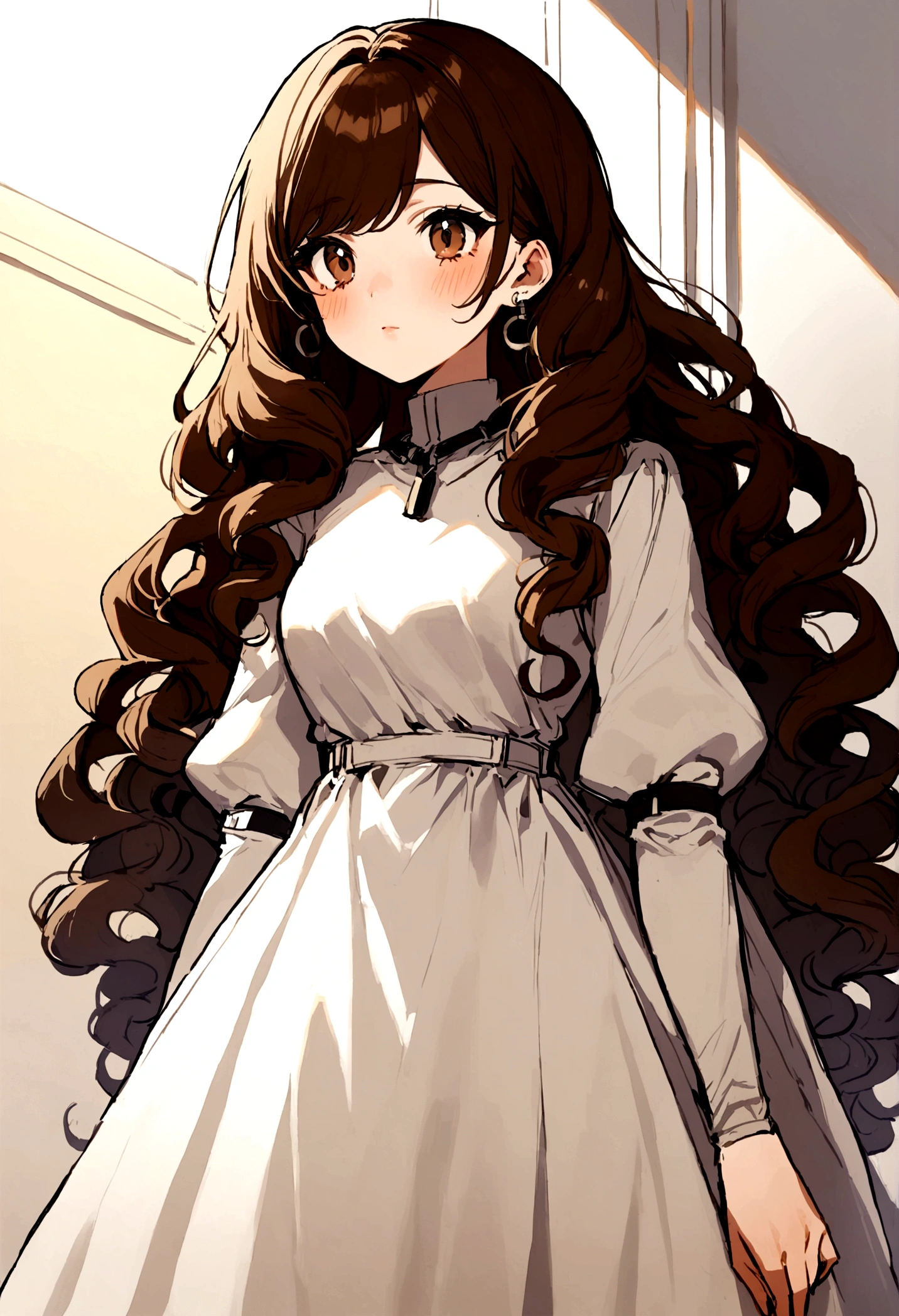 20 year old woman height 1,71 weighing 55 kg brunette with curly hair and jawline wearing a dress 