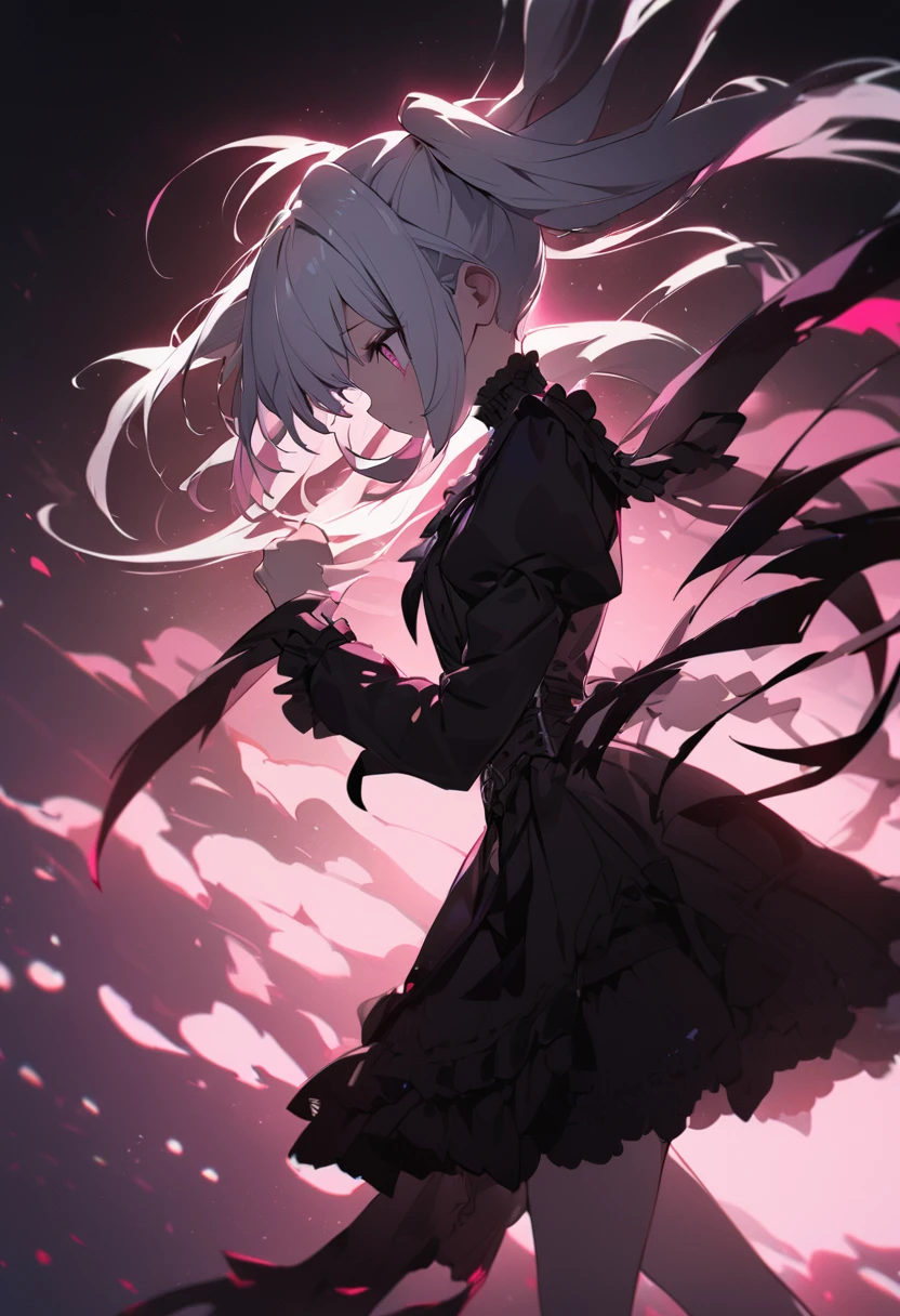 One Girl、White Hair、Hairstyle、Twin tails、Pink eyes、Droopy eyes、Black Gothic Lolita Fashion、whole body、white hair, twintails, floating hair, sidelocks, raised eyebrows, tareme, pink eyes, chin grab, disdain, backlighting, from side, UHD, anatomically correct