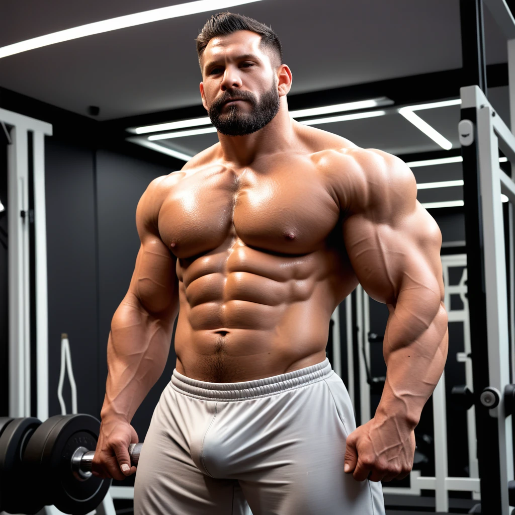 There is only one handsome Asian actor in the photo,35 years old,High target, Fitness,short hair, O-Shaped Beard,Perfect body, Dark skin color,Radiant Skin,Smooth skin,Shiny, shiny skin,Smooth pectoral muscles,No chest hair,No body hair,Muscle bulge, muscular, Very large pectoral muscles,Very sexy abdominal muscles,Very well-developed leg muscles,Huge concave and convex area,Brightens oily skin,Wearing a bright white leather thong,Handsome face,Wear bright white leather socks,Correct and accurate male body proportions, Standing in front of gray background wall。
