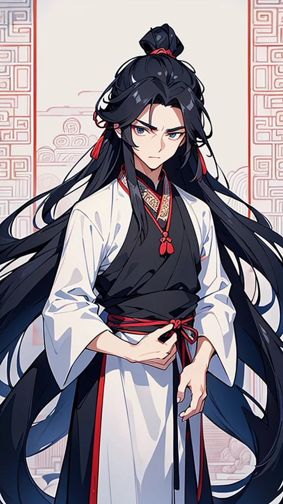 Hair: His long, flowing black hair is elegantly tied into a topknot, secured with a traditional Chinese ribbon, allowing loose strands to frame his face.
Clothing: He wears a classical Chinese Hanfu in white and black tones, adorned with ancient patterns.
Aura: His aura resembles a blue dragon.