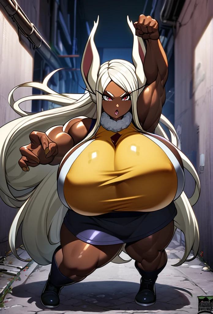 mirko,1girl,solo,Mature Woman,dark brown skin,Females in heat,Super huge breasts,Whipped thighs,plump,fighting pose,Looking at viewer,I see them as the enemy,back alley