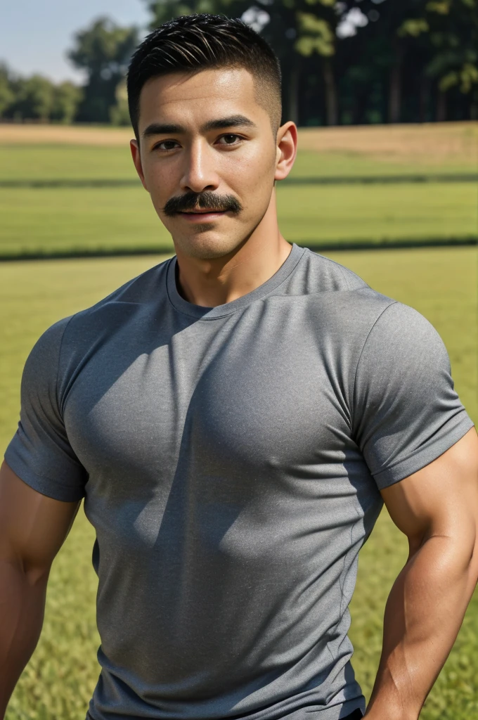 Masterpiece, best quality, high resolution, realistic, handsome, Take beautiful photos, Sayk, NRF, Photo of the 35 year old gym association (The man has a thin mustache.:1.2) Portrait, Standing on the edge of a field with grass , make military media, weight, Amazing , Buzzcut short hair,stubble head , (Hyper Muscle),looking at the audience, Flirt with the camera, charming, (Tight gray exercise shirt ),(GS-Male:1), 8K,Bokeh,Portrait,look at the viewer,