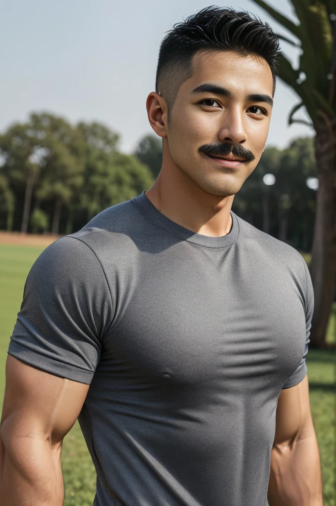 Masterpiece, best quality, high resolution, realistic, handsome, Take beautiful photos, Sayk, NRF, Photo of the 35 year old gym association (The man has a thin mustache.:1.2) Portrait, Standing on the edge of a field with grass , make military media, weight, Amazing , Buzzcut short hair,stubble head , (Hyper Muscle),looking at the audience, Flirt with the camera, charming, (Tight gray exercise shirt ),(GS-Male:1), 8K,Bokeh,Portrait,look at the viewer,