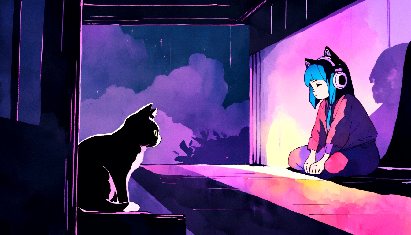 European hippie cat woman meditating in the room, dream, Wear headphones, night lighting, Neon scenery on a rainy day, Analog Color Theme, Lo-fi Hip Hop , review, flat, 2.5D ,Draw a line, Ink painting, Large slope, Watercolor, Goosh Colors, Studio Ghibli style, Great colorful, Outerton, Krautlock, Lofi Art, 70s style,Old Texture, amplitude,Psychedelic atmosphere, masterpiece, Great technology,