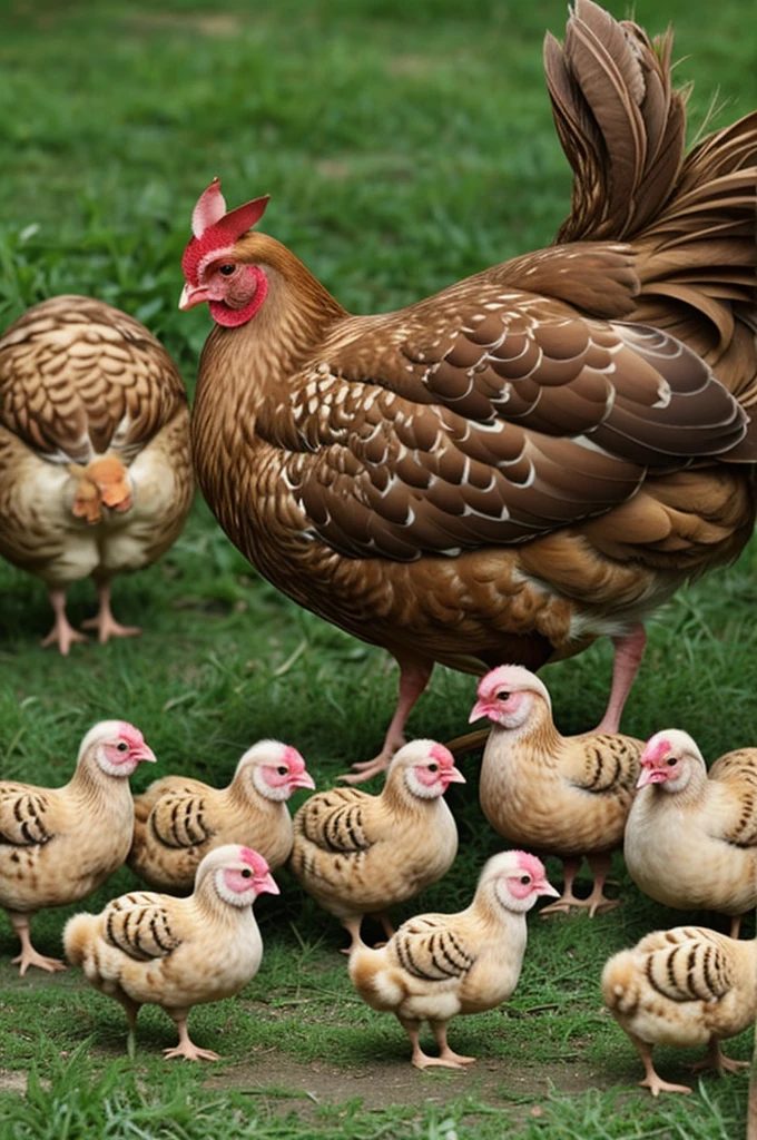 Create an image of a hen with 20 chicks