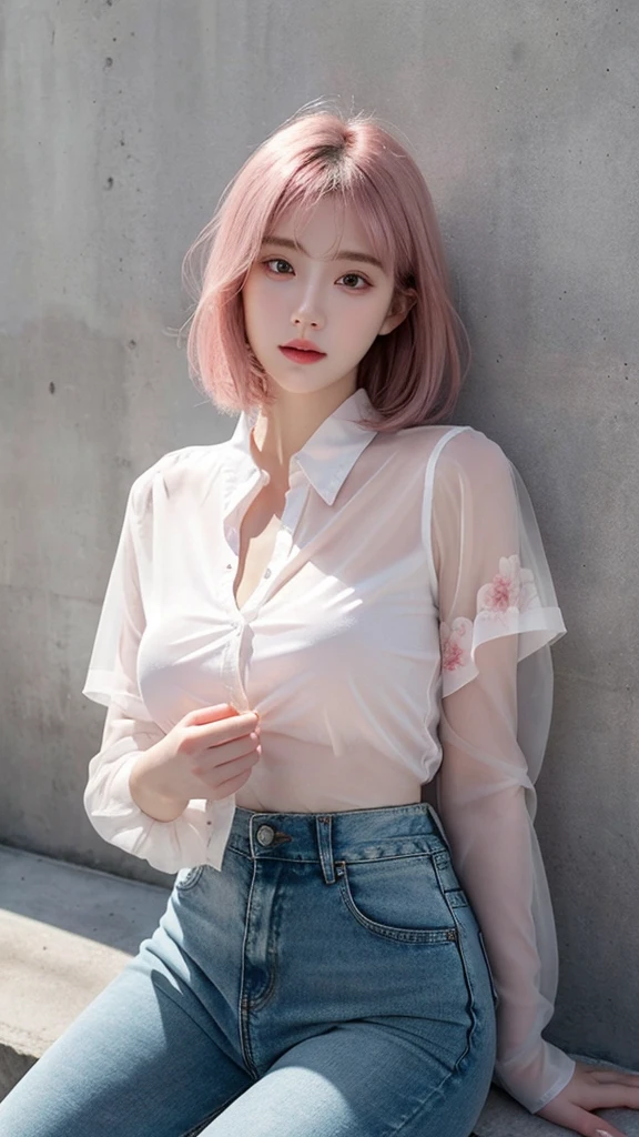 ((best quality)), photorealistic, photorealism, Photorealistic, high resolution, Beautiful, , 20 Years Old, White Skin, pale skin, Large Breasts, seductive pose, looking at the camera, (Detailed face), short hair, pink hair, sexy body, (wearing black transparent  floral sheer shirt, sexy short denim, transparent shirt, pantyhose), cloths color based black), revealed thigh, thick thigh, revealed nipples, Fingers are occluded, concrete murall wall background,