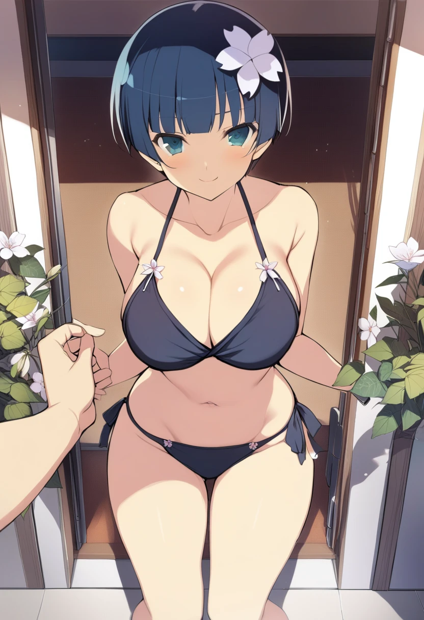 masterpiece, best quality,
yozakura (senran kagura), 1girl, breasts, solo,
short hair, blue hair, flower, blue eyes, large breasts, hair ornament,
hair flower, navel, midriff, bare legs, cleavage, emblem, smile,
bikini,
pov,