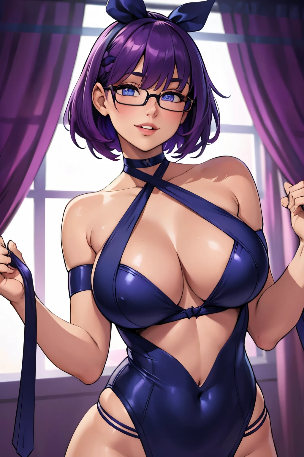 Beautiful young ager, 1girl, purple hair, blue eyes, extremely short hair, freckles on face, happy, smiling, blushing, thin frame eyeglasses, thick lips, full lips, huge breasts, extreme cleavage, deep cleavage, very thin body, naked ribbon, body wrapped in ribbons, wearing nothing but ribbons, ribbons on body, heart shaped choker, perfect anatomy, dark bedroom background, detailed background, ultra-detailed, 4k, 8k, best quality, masterpiece