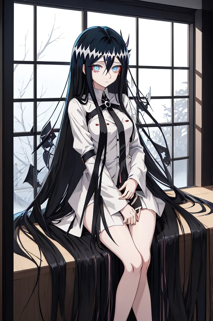 Anime girl with long black hair and blue eyes in front of the window, Albedo from the anime Overlord, Danganronpa, The black anime pupils in her eyes, Black moody scene, 1 7 year old anime goth girl, sui ishida with black hair, Beautiful anime high school, Albedo from Overlord