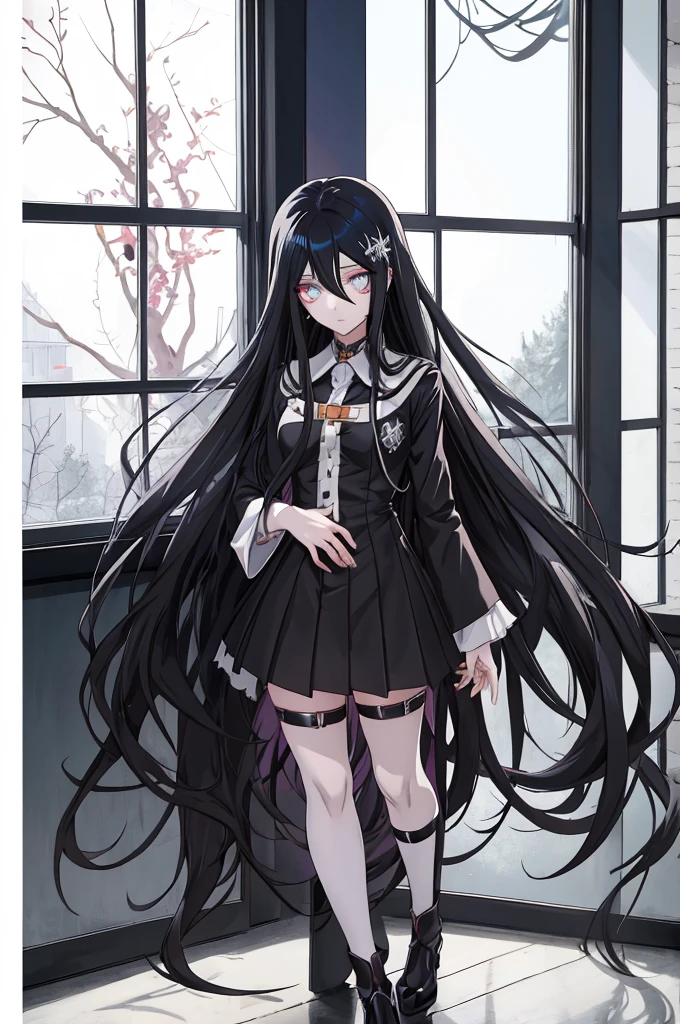 Anime girl with long black hair and blue eyes in front of the window, Albedo from the anime Overlord, Danganronpa, The black anime pupils in her eyes, Black moody scene, 1 7 year old anime goth girl, sui ishida with black hair, Beautiful anime high school, Albedo from Overlord