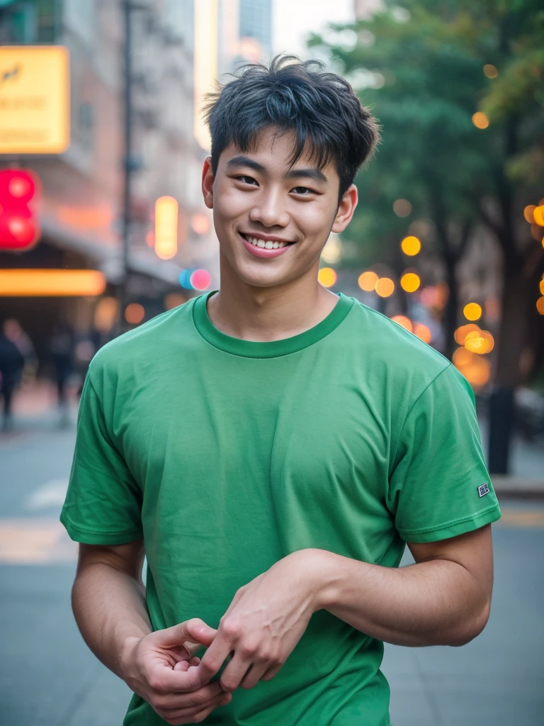 (best quality, 4K, 8K, high resolution, Masterpiece: 1.2), Special details, (realistically, As realistic as a photo, photo realistic: 1.37), Edge lighting, Extra detailed coloring, sharp focus, Physical rendering ,Extremely detailed description,professional,light color,Bokeh,Portrait,look at the viewer,
Young Asian man, 20 years old ,(wearing a green t-shirt), smile