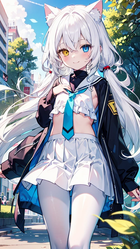 White hair,Cat ear,Long hair,Heterochromia(Left blue right yellow),Smile,There are bright spots in the eyes,flat chest,Sailor Suit,White skirt,White pantyhose,in the park,Alone,Blue tie