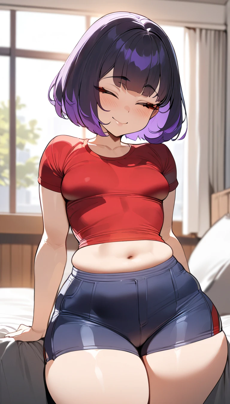 (best quality,masterpiece) thicc, 1 woman, small breasts, wide hips, thick thighs, happy, bob haircut, eyes closed, black hair, asian, small waist, short, shortstack, shorts, overzised red shirt,purple hair, apartment background