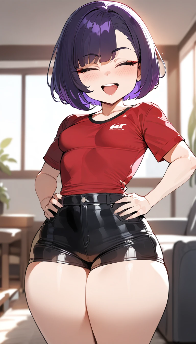 (best quality,masterpiece) thicc, 1 woman, small breasts, wide hips, thick thighs, happy, bob haircut, eyes closed, black hair, asian, small waist, short, shortstack, shorts, overzised red shirt,purple hair, apartment background
